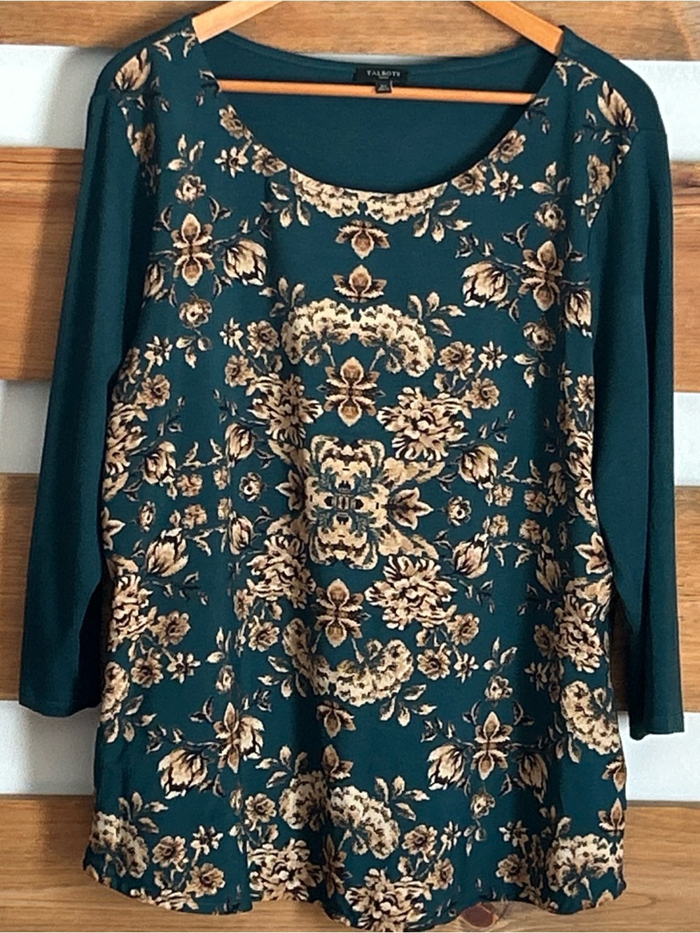 Talbots Forest Green 3/4 Sleeve Floral Mix Design Women's Chic Blouse Size 2X
